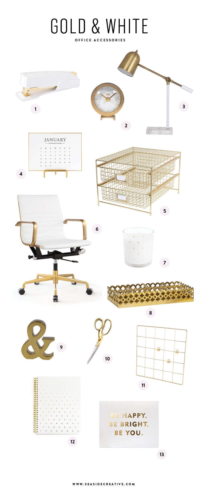 Beautiful White & Gold Office Accessories - Seaside Creative